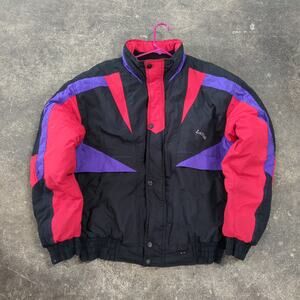 Vintage LaTrek Windbreaker Jacket Mens M Black Purple Puffer Sport Full Zip